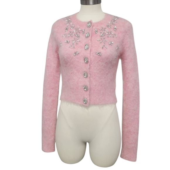 Embellished-Mohair-Blend-Cardigan-by-Rabanne Chic Pink Embellished Cardigan XS - Picture 3 of 12